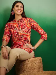 Sangria Floral Printed Band Collar Kurti