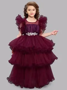 Pink Chick Girls Flutter Sleeves Layered Net Gown Maxi Dress