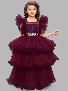 Pink Chick Girls Flutter Sleeves Layered Net Maxi Dress