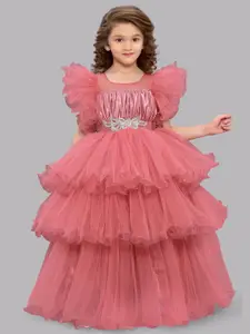 Pink Chick Girls Flutter Sleeves Layered Net Gown Maxi Dress