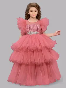 Pink Chick Girls Flutter Sleeve Layered Net Fit & Flare Dress