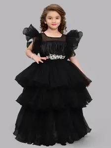 Pink Chick Girls Flutter Sleeves Layered Net Gown Maxi Dress