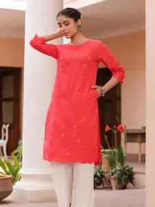 SAVI Floral Embroidered Pure Cotton Straight Kurta