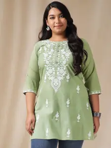 Janasya Plus Size Floral Embroidered Chikankari Cotton Straight Kurta