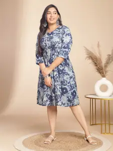 Janasya Floral Printed Cotton Plus Size Fit & Flare Dress
