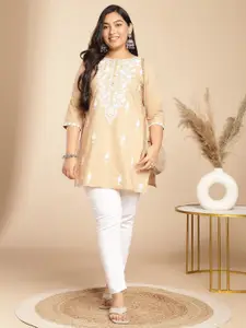 Janasya Plus Size Floral Embroidered Round Neck Cotton Straight Kurta