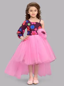 Pink Chick Floral Print Puff Sleeve Satin Midi Fit and Flare Dress