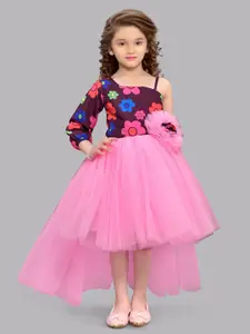 Pink Chick Floral Print One Shoulder Puff Sleeve Satin Midi Fit and Flare Dress