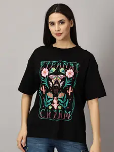 THE HOLLANDER Floral Printed Drop Shoulder Sleeves Cotton Oversized T-shirt