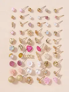 Jewels Galaxy Set Of 30 Gold Plated Crystals & Pearl Beaded Contemporary Stud Earrings