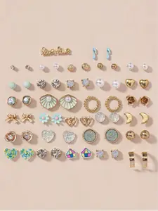 Jewels Galaxy Set Of 30 Gold Plated Crystals & Pearl Beaded Contemporary Stud Earrings