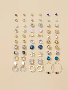 Jewels Galaxy Set Of 30 Gold Plated Crystals & Pearl Beaded Contemporary Stud Earrings