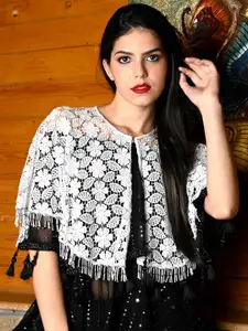 ODETTE Self Design Lace Tasseled Cape Shrug
