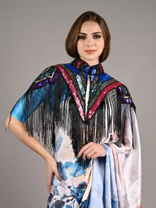 ODETTE Self Design Mandarin Collar Acrylic Crop Velvet Cape Shrug