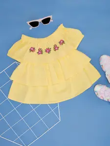 YU by Pantaloons Girls Floral Embroidered Layered Cotton A-Line Dress