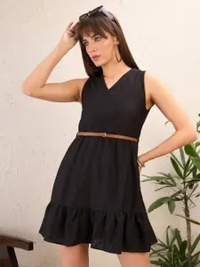 SASSAFRAS Black V-Neck Schiffli Fit & Flare Dress