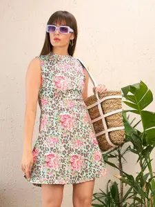 SASSAFRAS Turquoise Blue Floral Printed Scuba A-Line Dress