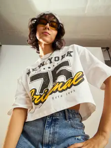 SASSAFRAS White Typography Printed Round Neck Pure Cotton Oversized Crop T-shirt