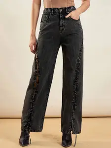 SASSAFRAS Women Straight Fit High-Rise Mildly Distressed Acid Wash Stretchable Jeans