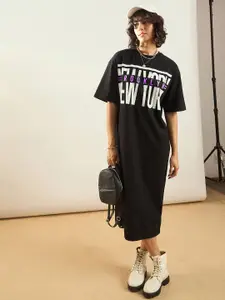 SASSAFRAS Black Typography Printed Oversized T-shirt Dress