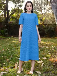 PURVAJA Textured Self Design Round Neck A-Line Midi Dress