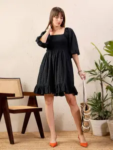 SASSAFRAS Black Schiffli Pure Cotton Fit & Flare Dress