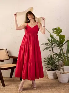 SASSAFRAS Red Shoulder Straps Schiffli Tiered Pure Cotton Fit & Flare Midi Dress