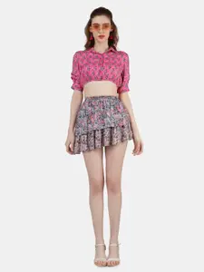 Sukshat Floral Printed Shirt Collar Crop Top With Skirt Co-Ords