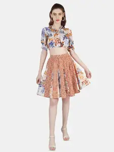 Sukshat Floral Printed Shirt Collar Crop Top With Skirt