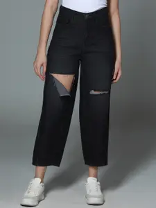 High Star Women Slouchy Fit High-Rise Slash Knee Light Fade Cotton Jeans