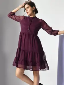 IUGA Self Design Puff Sleeve Georgette Fit & Flare Dress