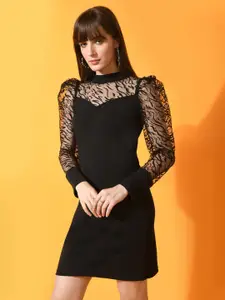 IUGA High Neck Self Design Puff Sleeves A-Line Mini Dress