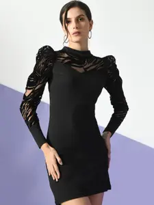 IUGA High Neck Puff Sleeve Sheath Mini Dress