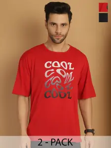 MACK JONNEY Pack Of 2 Typography Printed Drop-Shoulder Sleeves Cotton Oversized T-shirts