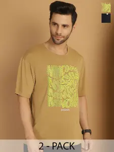 MACK JONNEY Pack of 2 Typography Printed Drop-Shoulder Sleeves Cotton Oversized T-shirt