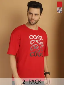 MACK JONNEY Pack Of 2 Typography Printed Drop-Shoulder Sleeves Cotton Oversized T-shirts