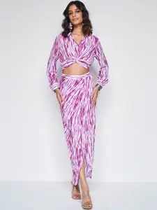 Global Desi Tie-Dyed Shirt Collar Long Sleeves Crop Shirt & Slit Maxi Skirt