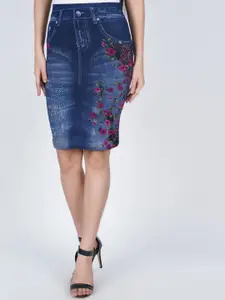 BAESD Floral Printed Knee Length Denim Straight Skirt