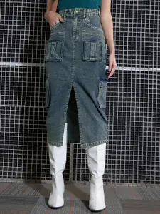 SASSAFRAS Green Washed Pocket Detail Box Pencil Midi Skirt