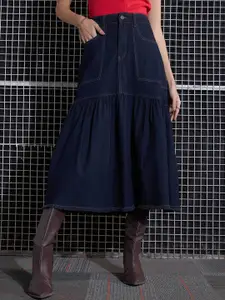 SASSAFRAS Navy Blue Denim Flared Midi Skirt