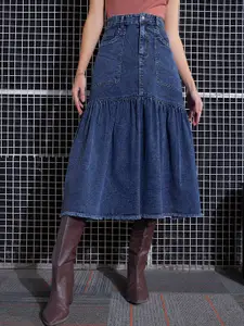 SASSAFRAS Denim Flared Midi Skirt