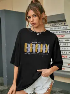 CHKOKKO Typography Printed Round Neck Drop-Shoulder Sleeves Oversized Cotton T-shirt