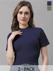 FBAR Pack Of 2 High Neck Short Sleeves Fitted Cotton Top