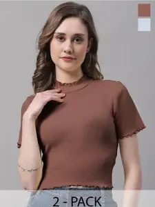 FBAR Pack Of 2 High Neck Short Sleeves Fitted Cotton Top