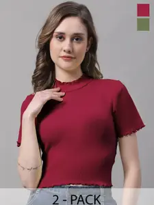 FBAR Pack Of 2 High Neck Short Sleeves Fitted Cotton Top