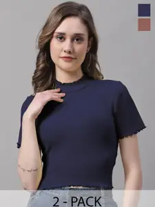 FBAR Pack Of 2 High Neck Short Sleeves Fitted Cotton Top