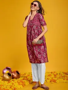Ishin Floral Printed Short Sleeves Chanderi Silk Kurta
