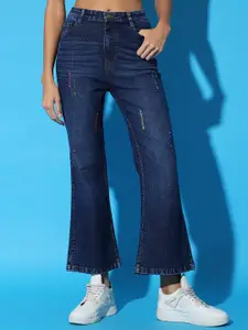 GUTI Women Flared High-Rise Mildly Distressed Light Fade Stretchable Jeans