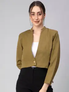 Indyvarna Long Sleeved Mandarin Collar Single-Breasted Cotton Crop Blazer