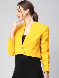 Indyvarna Mandarin Collar Tailored Fit Single-Breasted Cotton Crop Blazer